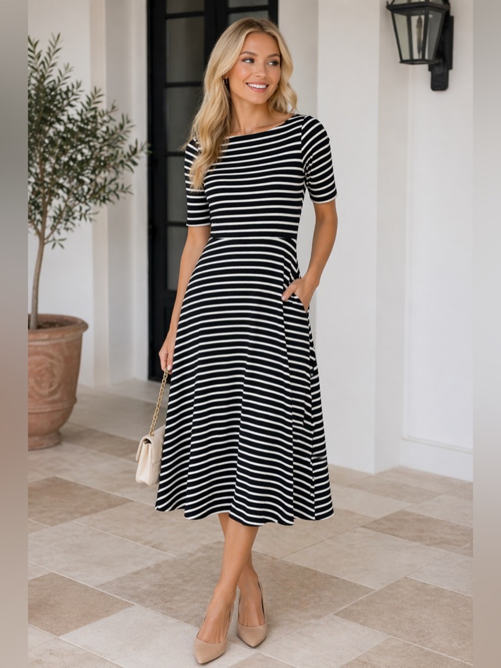 Ralph Lauren Black White Striped Fit & Flare Dress Petite Large Classic Chic NWT